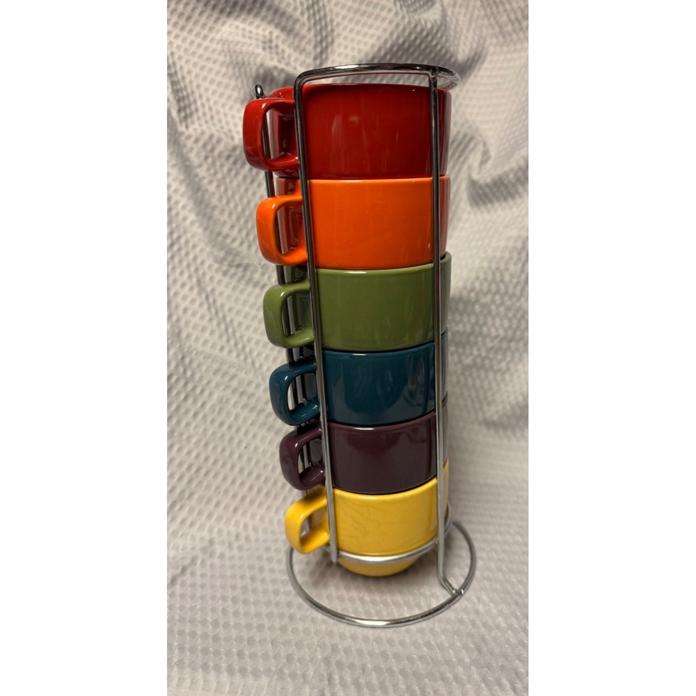 Set/6 World Market Stacking Coffee Mugs/Cups w/Storage Rack Rainbow 8 ounces